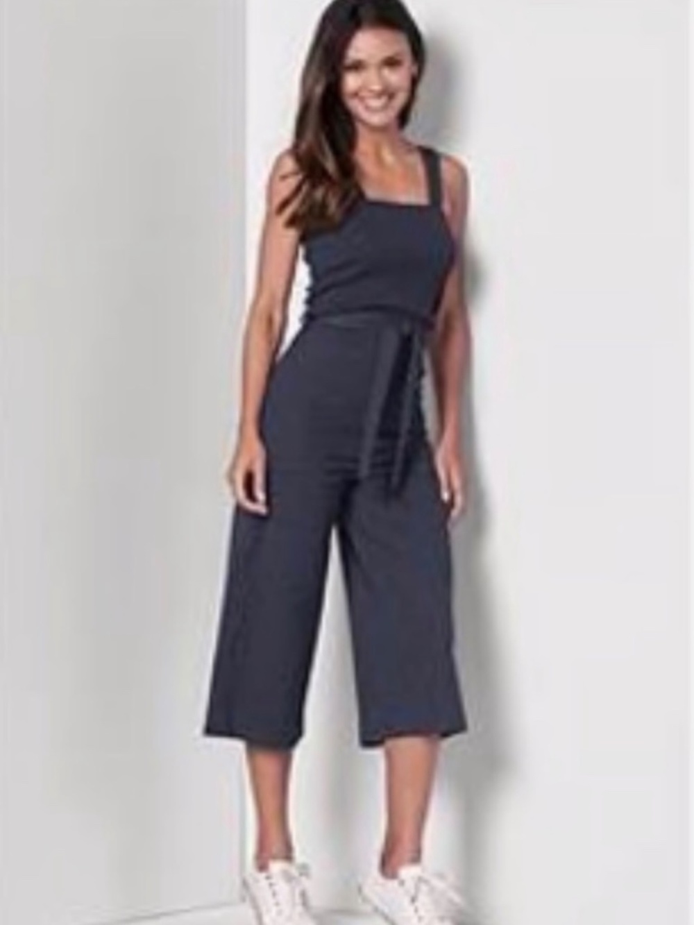 NWOT VENUS Sleeveless Cropped Wide-Leg Jumpsuit with Waist Tie Navy Blue Size S